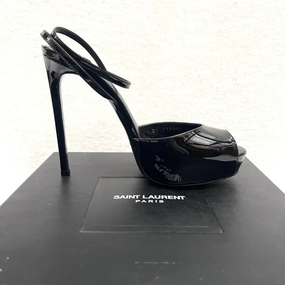 Yves Saint Laurent Kika patent leather peep toe platform ankle strap heels 8